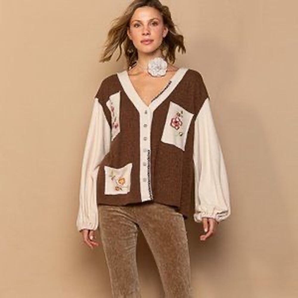POL Oversized Button Down Cardigan Brown/Cream/Floral Size M Balloon Sleeves